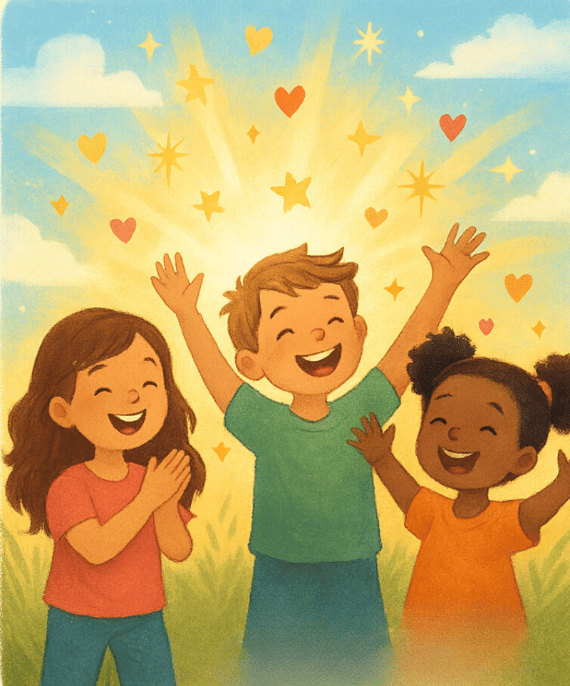 hree children raise their arms in joy beneath a blue sky filled with stars and hearts, beside lyrics from the song “Joyful