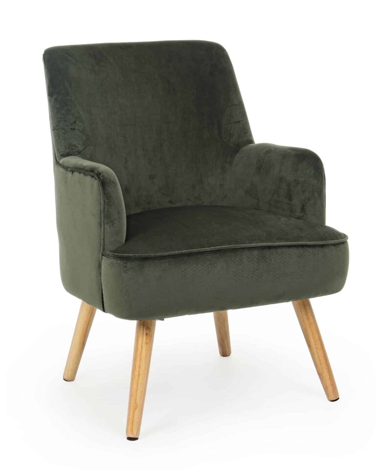 Poltrona stile vintage con rivestimento in velluto verde scuro e gambe in legno naturale. Perfetta per il soggiorno o lo studio.