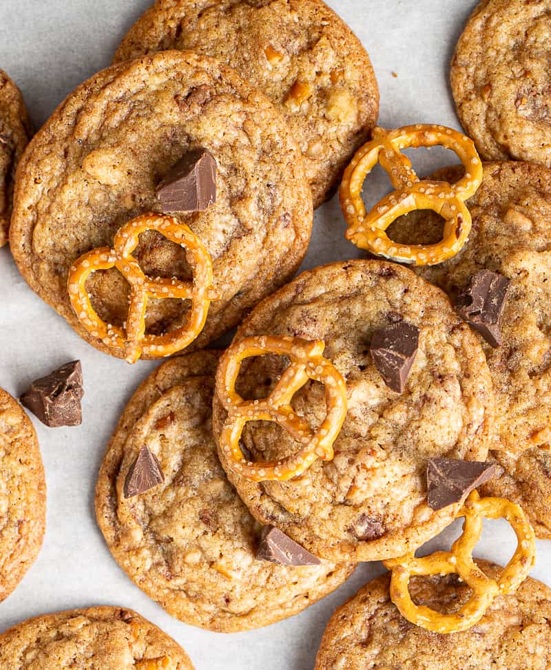 brown butter chocolate chip cookie with toffee and pretzel