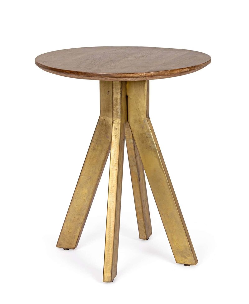 Tavolo con piano rotondo in legno e base in metallo dorato, stile contemporaneo, perfetto per salotti e spazi eleganti.