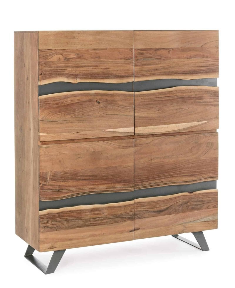 Cassettiera moderna in legno naturale con dettagli in nero, stile artigianale perfetto per arredi di design.