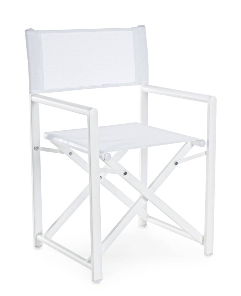 Sedia da esterni bianca con struttura in alluminio e tessuto resistente, perfetta per arredare spazi esterni e interni.