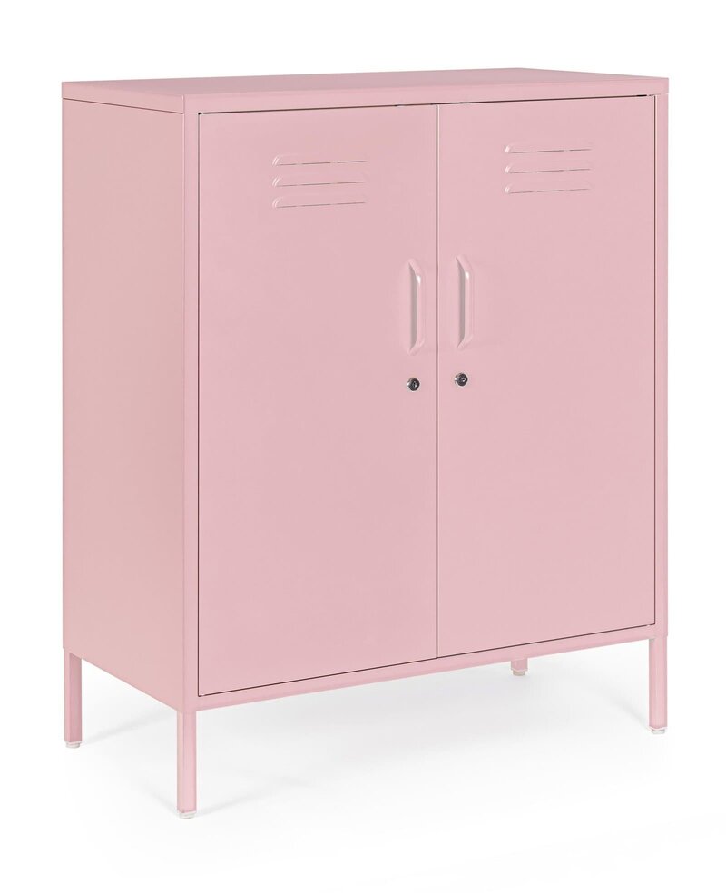 Armadio rosa con doppia anta e scomparto interno, stile vintage, perfetto per camere di design.