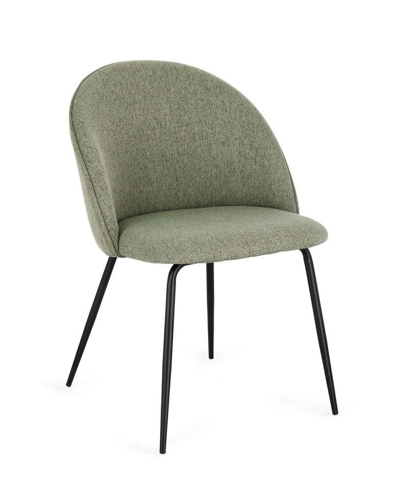 Sedia moderna in tessuto verde con gambe nere, design elegante e confortevole.