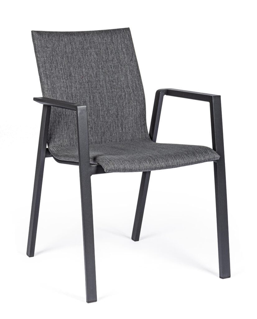 Sedia da ufficio con braccioli e tessuto nero grigio, design elegante e resistente.