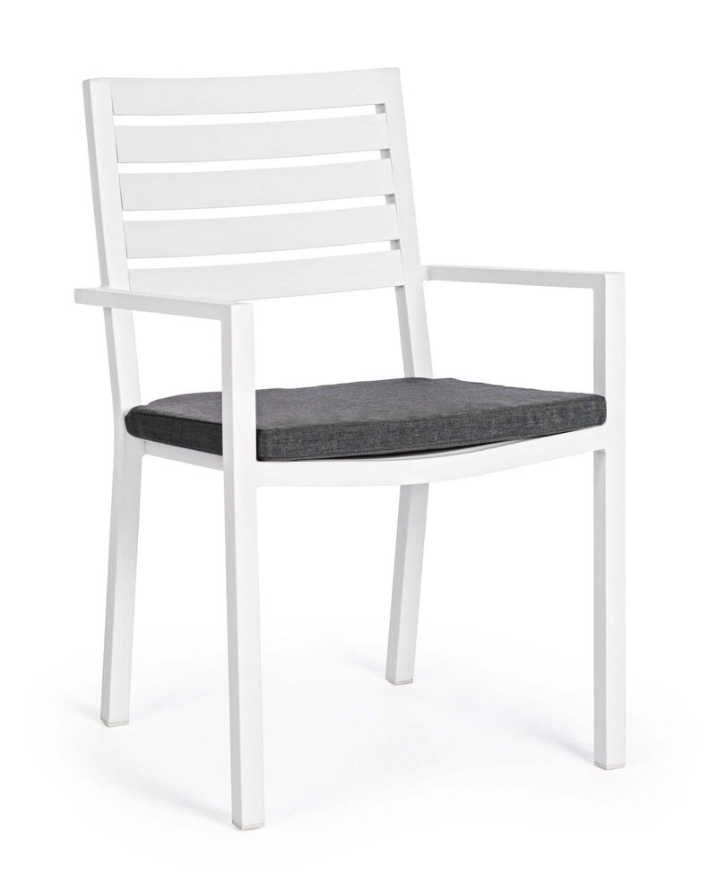 Sedia bianca elegante con cuscino grigio, perfetta per interni moderni e arredamento di design.