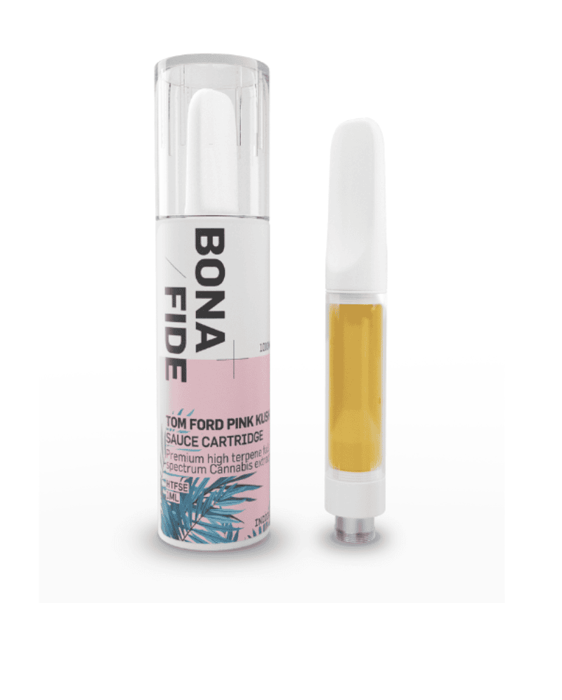 Bonafide Indica sauce cartridge featuring Tom Ford Pink Kush in a 510-thread cannabis vape format