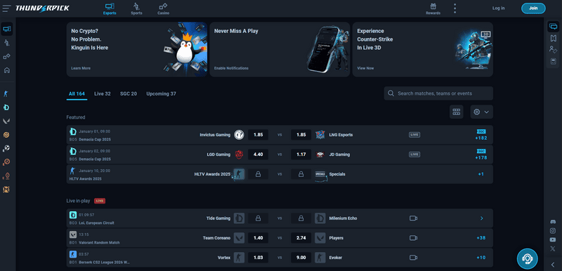 ThunderPick homepage showing esports lobby with CS2 markets as default landing section