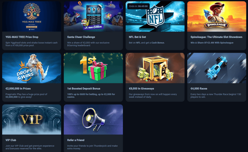 ThunderPick bonuses and promotions page showing welcome offers and ongoing promotions