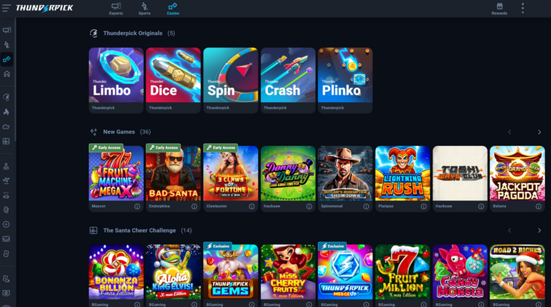 ThunderPick casino lobby showing slot games and live dealer section