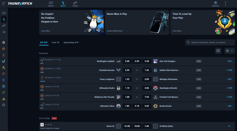 ThunderPick sports betting section showing football, basketball and tennis markets
