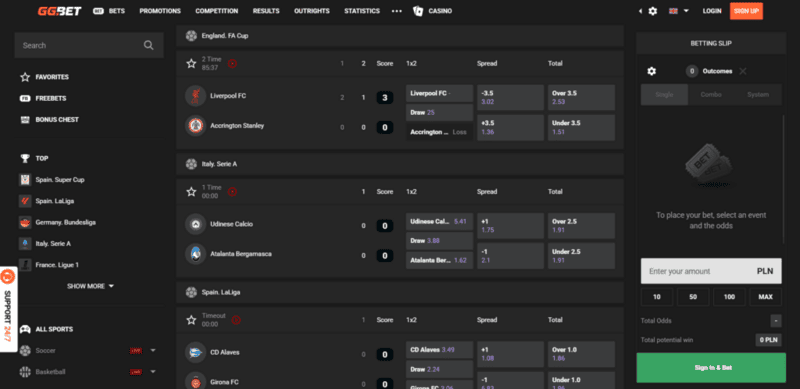GGBet sports betting interface showing football basketball tennis and other sports markets