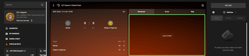 GGBet esports betting interface showing live CS2 markets with in-play odds and streaming integrated