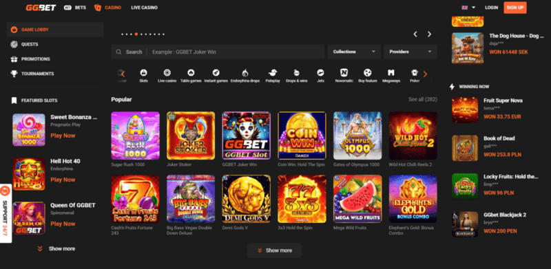 GGBet casino lobby showing 8000 plus slots live dealer tables and game categories from top providers