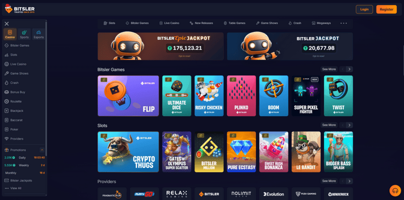 Bitsler homepage showing the casino, sportsbook and esports sections with the welcome bonus banner
