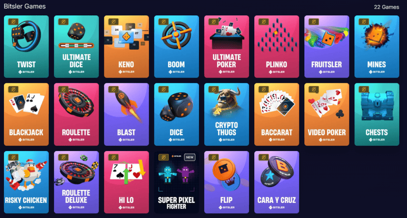 Bitsler Original games section showing Crash, Dice, Plinko, Limbo and other provably fair instant games