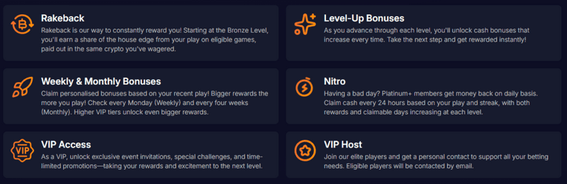 Bitsler VIP rewards and benefits page showing exclusive bonuses cashback priority withdrawals and dedicated support