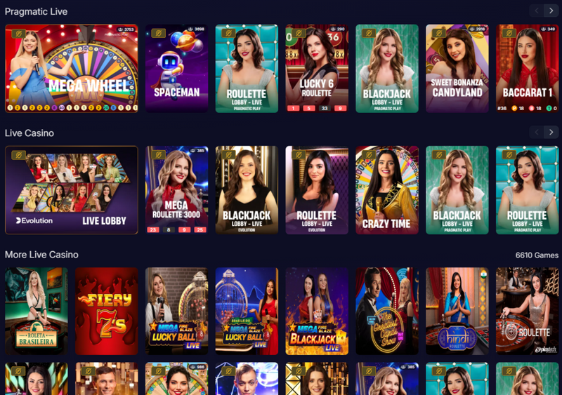 Bitsler live casino lobby showing live roulette, live blackjack and other real-time dealer tables