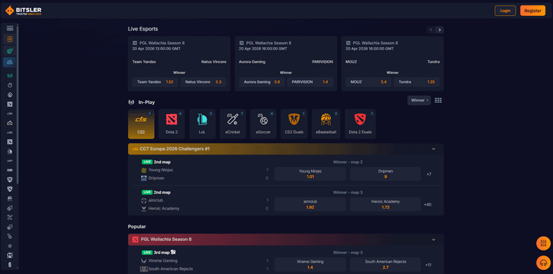 Bitsler esports betting section showing available titles including CS2, Dota 2, LoL, Valorant and other games