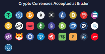 Bitsler deposit page showing 30+ supported cryptocurrencies including Bitcoin Ethereum USDT and many others