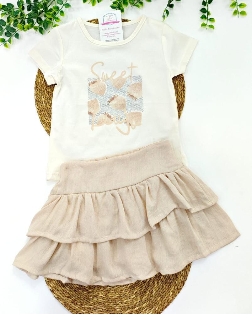 conjunto falda pantalon lino crudo y camiseta algo