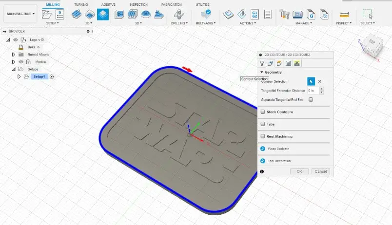 The blue line and red arrow showing the selected contour and the feed direction