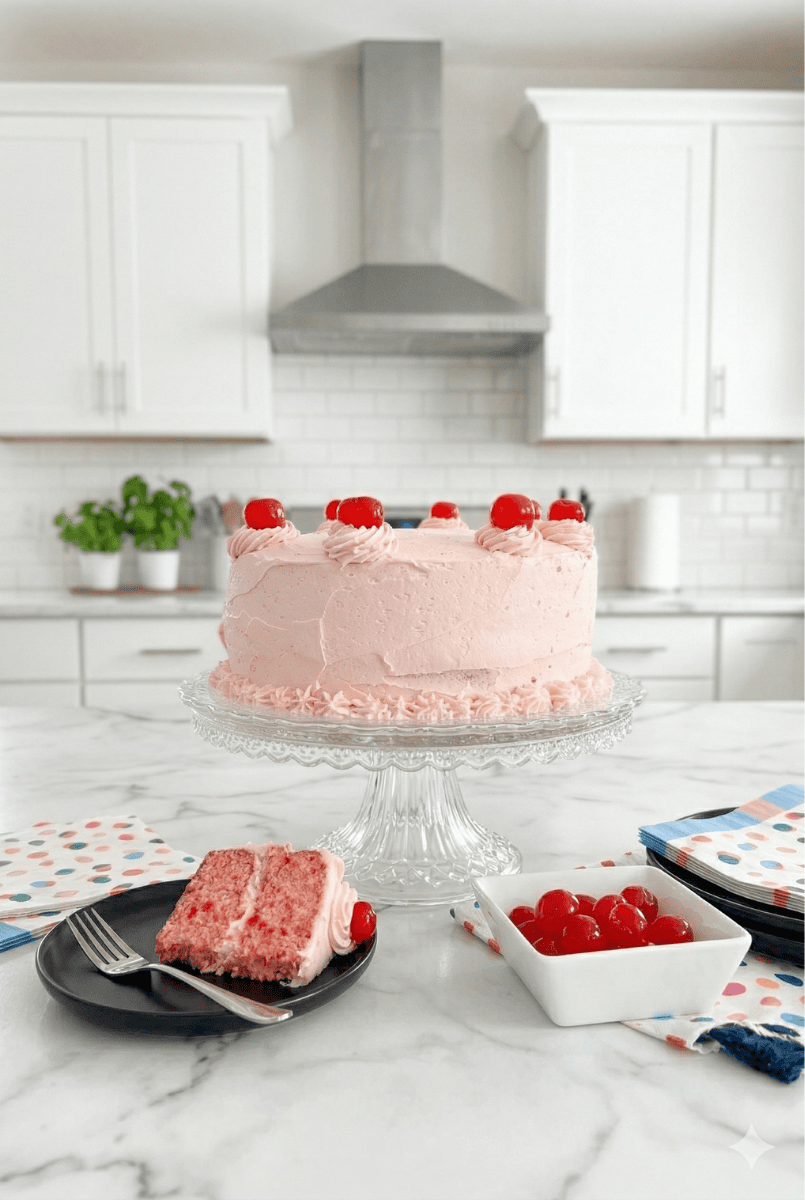 Close up of a slice of pink cherry chip cake next to the whole cake on a crystal stand in a bright white kitchen.