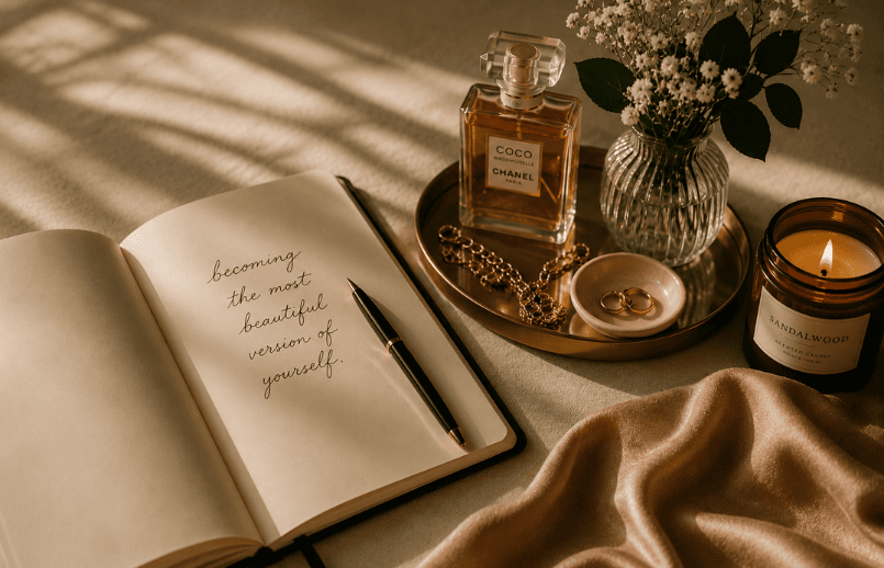 Open journal beside perfume, fresh flowers, jewelry, and a candle in warm natural light, symbolizing intentional beauty and self-reflection.