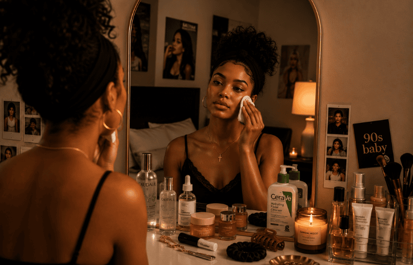 Black woman gently removing her makeup at a vanity mirror during an evening skincare routine.