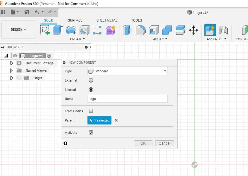 Access the new component option from the create menu