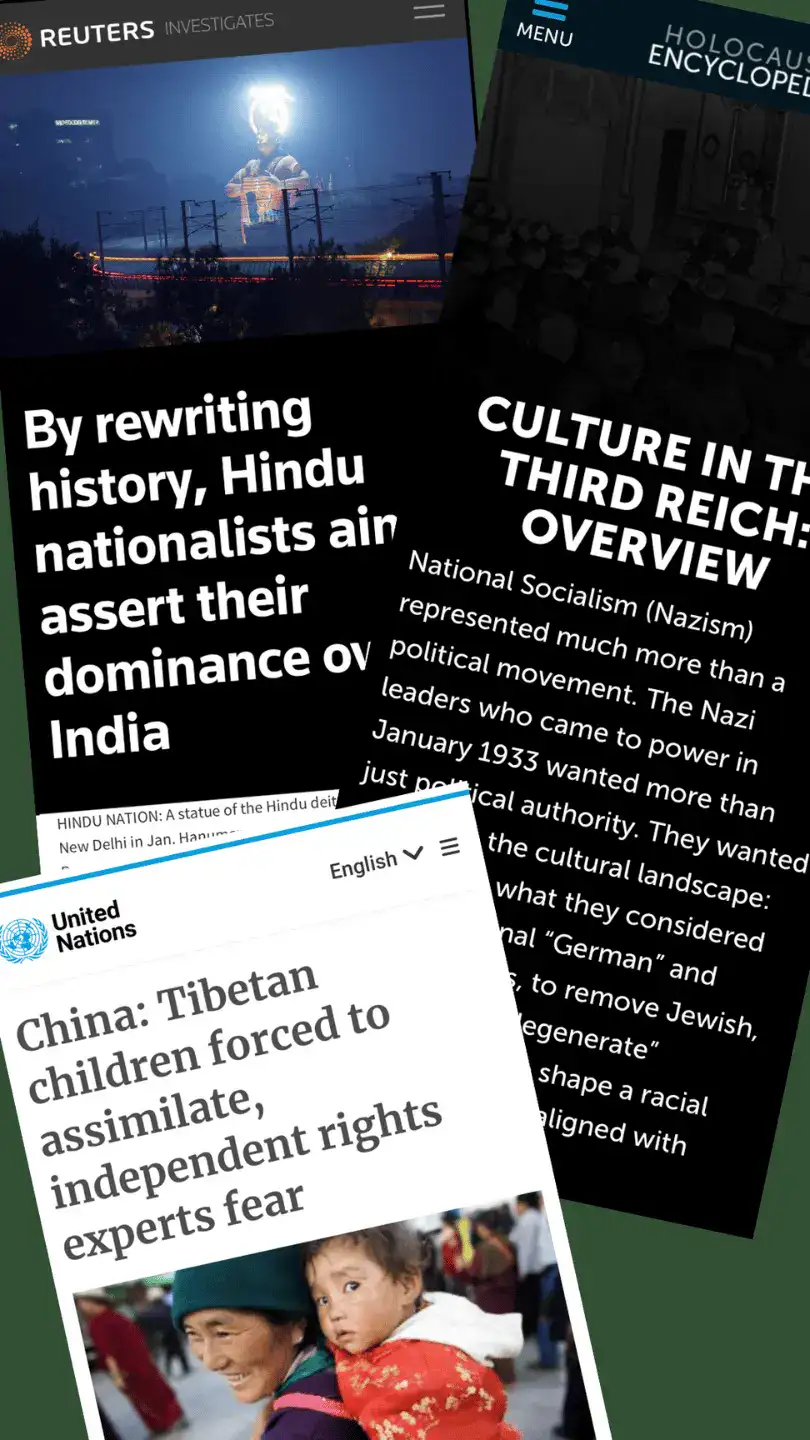 A collage of headlines featuring China's forcing the assimilation of Kong Kong children, the culture in the Third Reich, and Hindu nationalists rewriting of Indian textbooks 