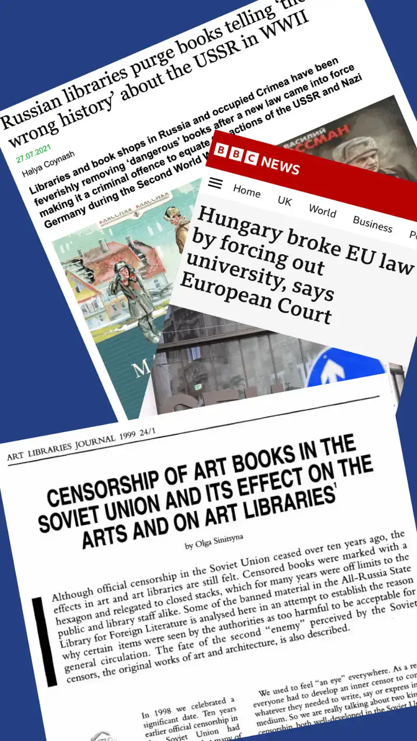 A collage of headlines featuring Hungary breaking EU law by forcing out a university, the purging of Russian libraries, and the effects of Stalinist censorship