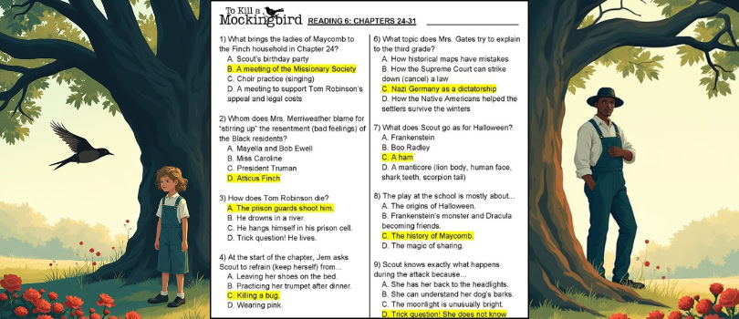 Reading checks for To Kill a Mockingbird with quiz questions and answers.