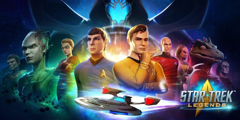 The image showcases a vibrant scene from "Star Trek: Legends," featuring iconic characters like Captain Kirk and Spock, along with various other characters. In the foreground, a starship is positioned prominently against a colorful cosmic background with bursts of light and swirling energy.