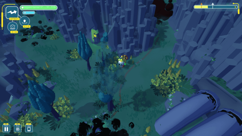 Dark mountainside with areas of black ooze around flowers.