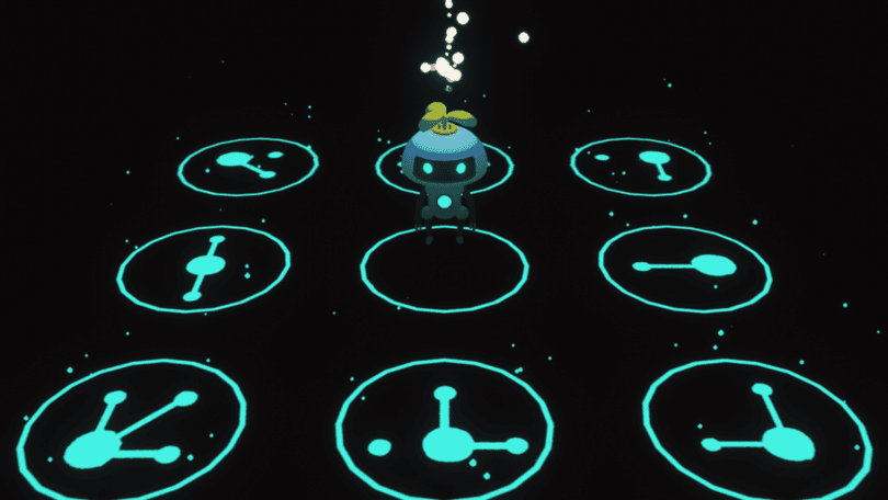 Robot centre frame. Glowing circles with pattterns on the ground, in darkness.