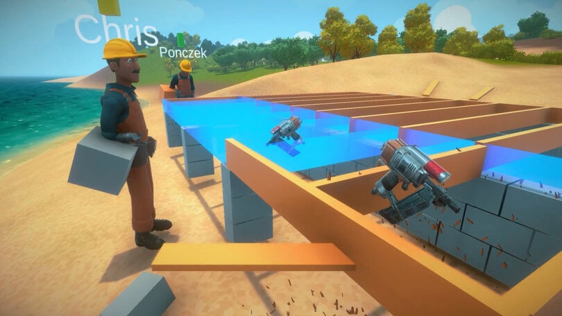 A screenshot from a multiplayer game of House Builder 2 showing a group of players building the foundations of a building.