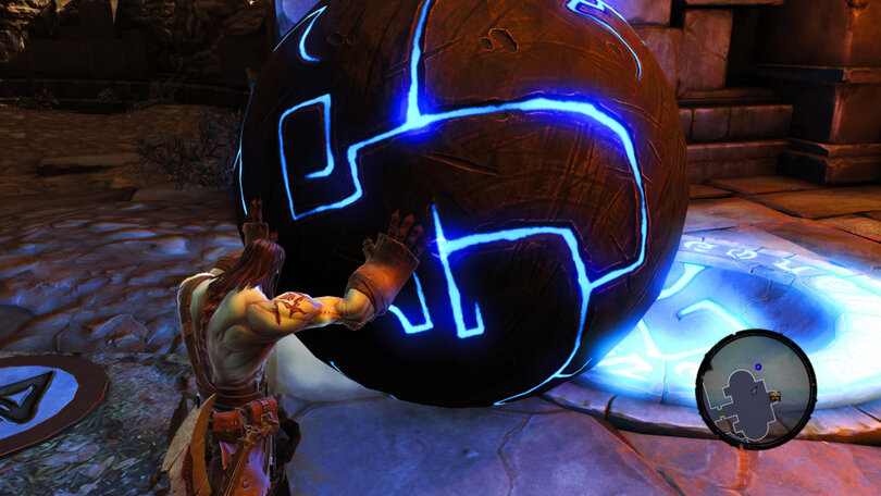 A fantasy character gets hands on with a giant ball covered in magical blue lines