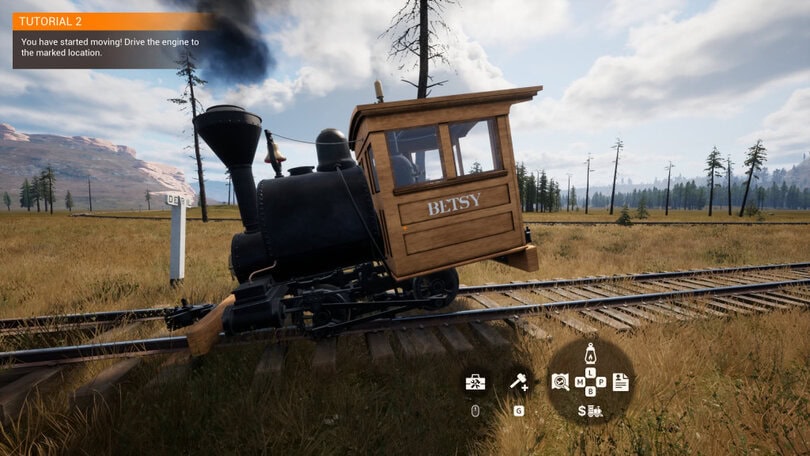 Screenshot from Railroads Online showing a small steam train called Betsy. The train is on the rails however it has derailed and it tipping up at the back. The setting is a green/brown grass with tall thin trees in the distance.