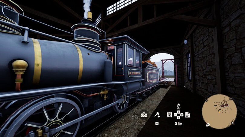 Screenshot showing a large black steam engine with gold features within a large shed.