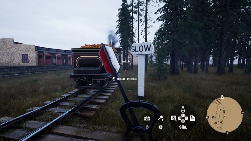 Screenshot from Railroads Online showing a set of signals and the word slow written on a white sign. The signal is set to the left indicating that the train will go in the direction. A black tender is seen in the background.