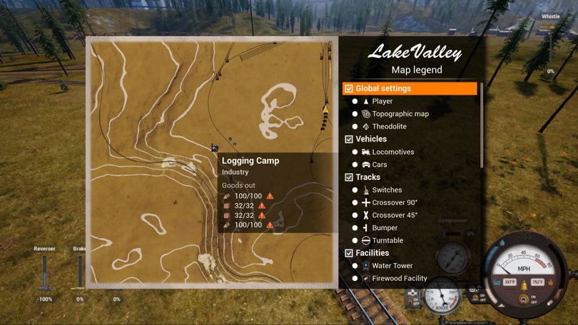 Screenshot from Railroads Online showing a map of the railroad layout as well as industries in the area. The map is yellow with white lines indicating contours. A legend is present to help understand the points of interest.