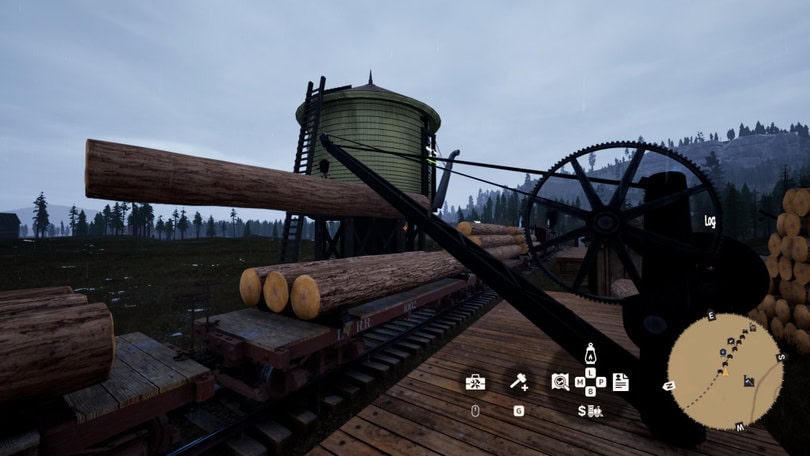 Screenshot from Railroads Online showing logs being loaded onto a freight trailer. A black crane is lowering a brown log down. A green water tower is seen in the distance.