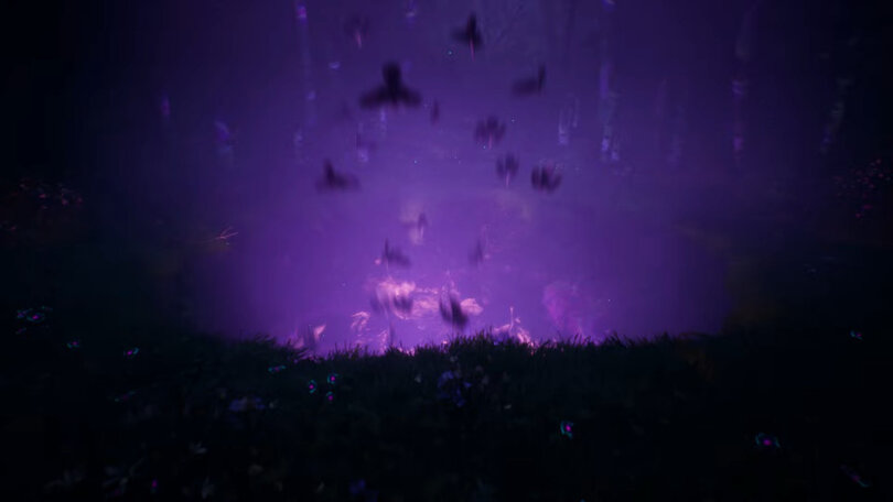 Deep in a dark, murky forest, a large murder of crows descends rapidly into a glowing, purple hole in the earth.