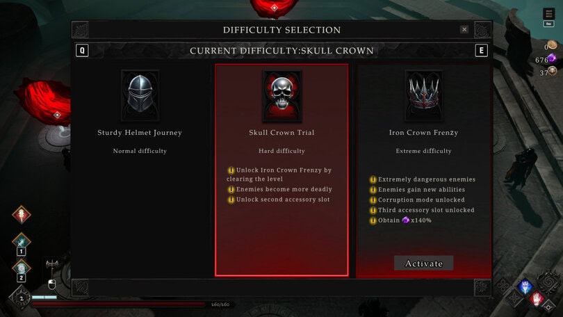 Screenshot from Netherworld Covenant showing a “Difficulty Selection” menu with three options. The currently selected option is “Skull Crown Trial,” marked as Hard difficulty, with notes stating “Unlock Iron Crown Frenzy by clearing the level,” “Enemies become more deadly,” and “Unlock second accessory slot.” The first option, “Sturdy Helmet Journey,” is Normal difficulty. The third option, “Iron Crown Frenzy,” is Extreme difficulty, with notes including “Extremely dangerous enemies,” “Enemies gain new abilities,” “Corruption mode unlocked,” “Third accessory slot unlocked,” and “Obtain 🟣 x140%.”