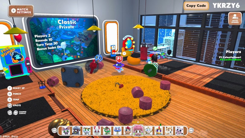 A colorful gaming room with plush seating, a large round rug, and a screen displaying game settings for a private match for two players.