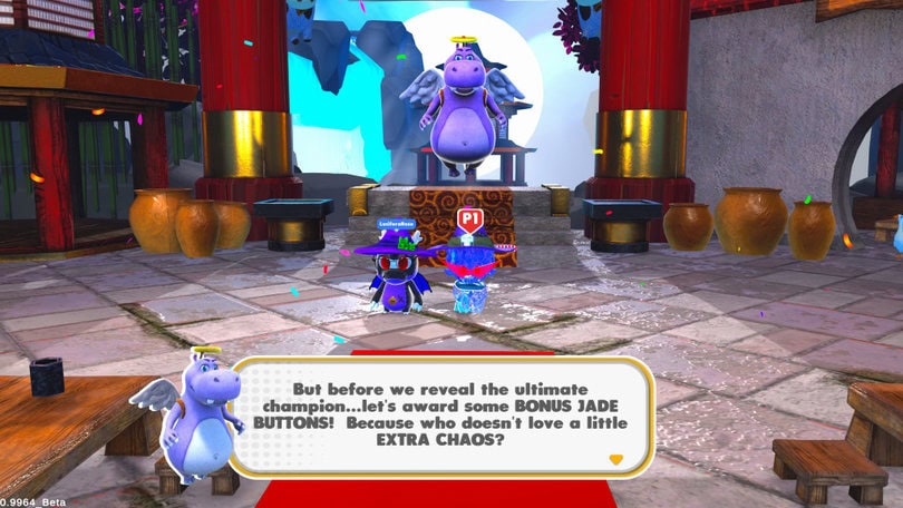 A purple hippo with wings announces bonus rewards in a colorful, festive setting, while two players dressed in whimsical outfits stand nearby.