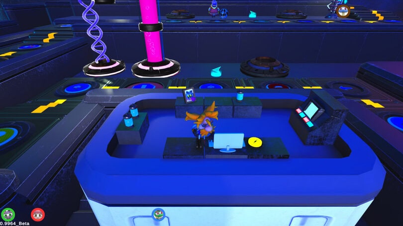 A colorful, futuristic control panel with a character, monitors, and glowing items in a high-tech environment.