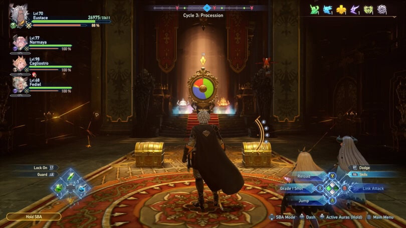 Gameplay screenshot from an RPG showing a character facing a colorful target wheel in a grand hall with UI elements and party status on screen.