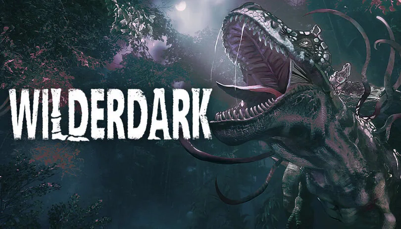 Wilderdark game logo with a roaring dinosaur-like creature and dark, eerie forest background under a full moon.